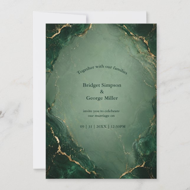 Invitación Boda de mármol esmeralda de lujo con oro (Anverso)