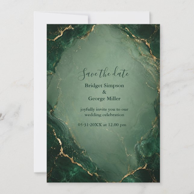 Invitación Boda de mármol esmeralda de lujo con oro (Anverso)