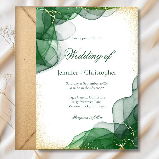 Invitación Boda de Mármol Esmeralda Verde Blanco Oro (White Emerald Green Gold Marble Wedding Invitation)