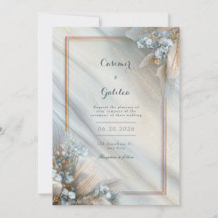 Invitación Boda de Mármol Fluido Crema Floral Azul Dorado