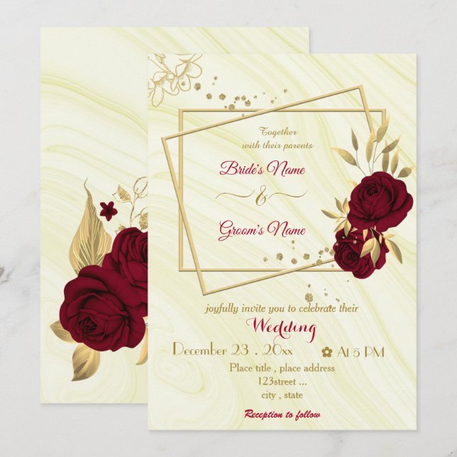 Invitación boda de mármol geométrico de oro de flores de burd (Anverso / Reverso)