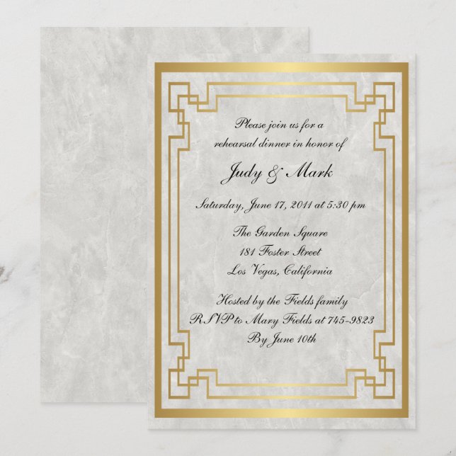 Invitación Boda de mármol geométrico de oro Ensayo de cena (Anverso / Reverso)
