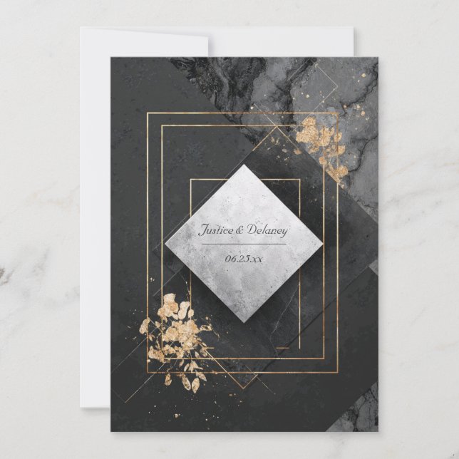 Invitación Boda de mármol geométrico negro y oro (Anverso)