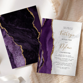 Invitación Boda de mármol gris ágata dorada púrpura