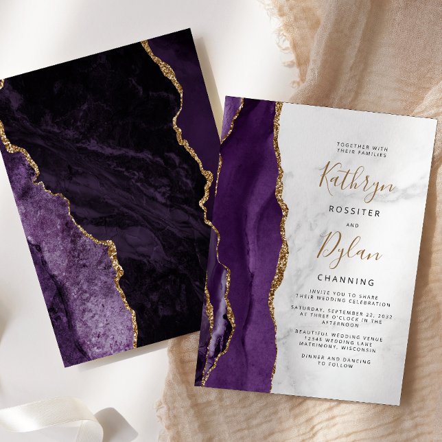 Invitación Boda de Mármol Gris Purple Gold Agate (Subido por el creador)