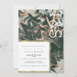 Invitación Boda de mármol líquido coral vegetación tipografía
