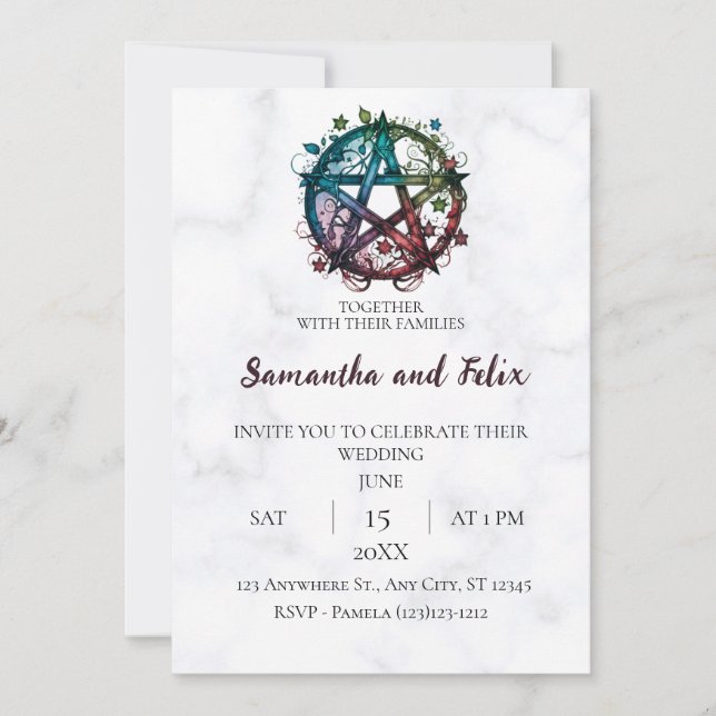 Invitación Boda de mármol mágico celestial Pentáculo colorido (Anverso)