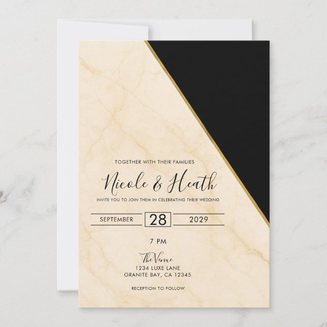 Invitación Boda de mármol marfil y dorado de Geometría Dorada (Anverso)
