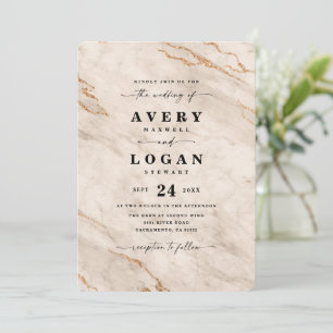 Invitación Boda de mármol metálico beige y dorado elegante