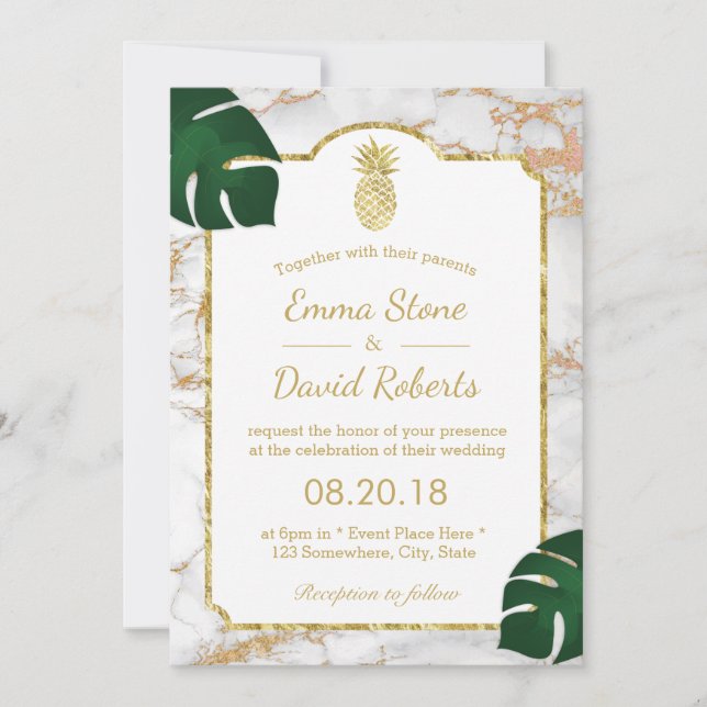 Invitación Boda de Mármol moderno de piña de oro tropical (Anverso)