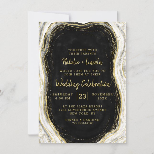 Invitación Boda de mármol negro blanco y geodésico de oro (Anverso)