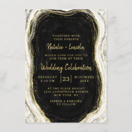 Invitación Boda de mármol negro blanco y geodésico de oro