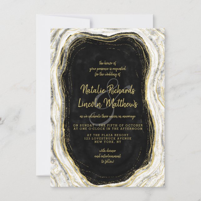 Invitación Boda de mármol negro blanco y geodésico de oro (Anverso)