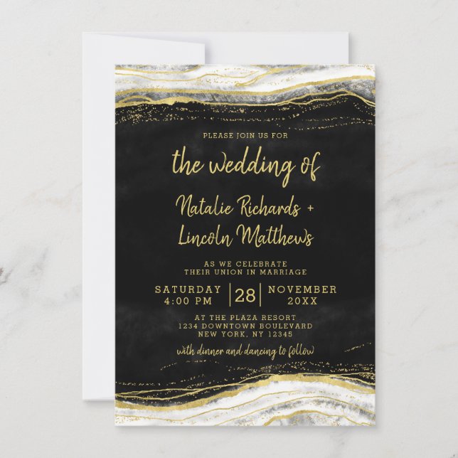 Invitación Boda de mármol negro blanco y geodésico de oro (Anverso)