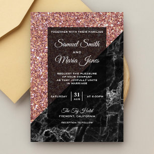 Invitación Boda de Mármol Negro con Brillo de Oro Rosa Falso 