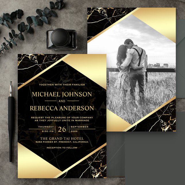 Invitación Boda de mármol negro geométrico dorado (Subido por el creador)