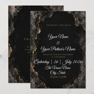 Invitación Boda de mármol negro y blanco elegante con dorado