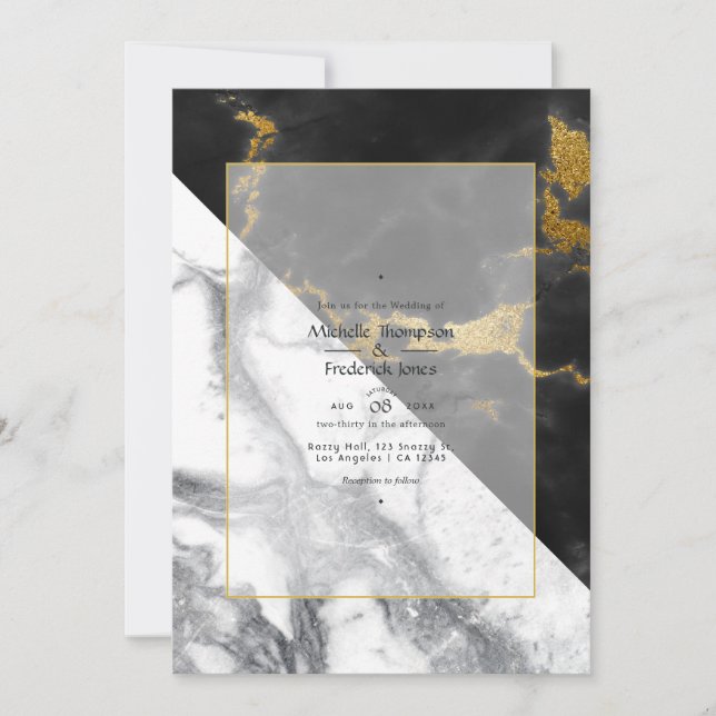 Invitación Boda de mármol negro y dorado (Anverso)