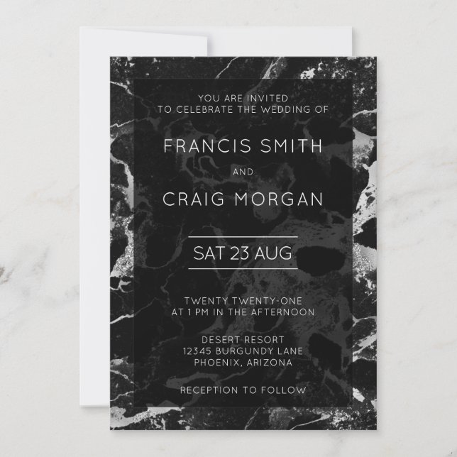 Invitación Boda de mármol negro y plateado falso (Anverso)