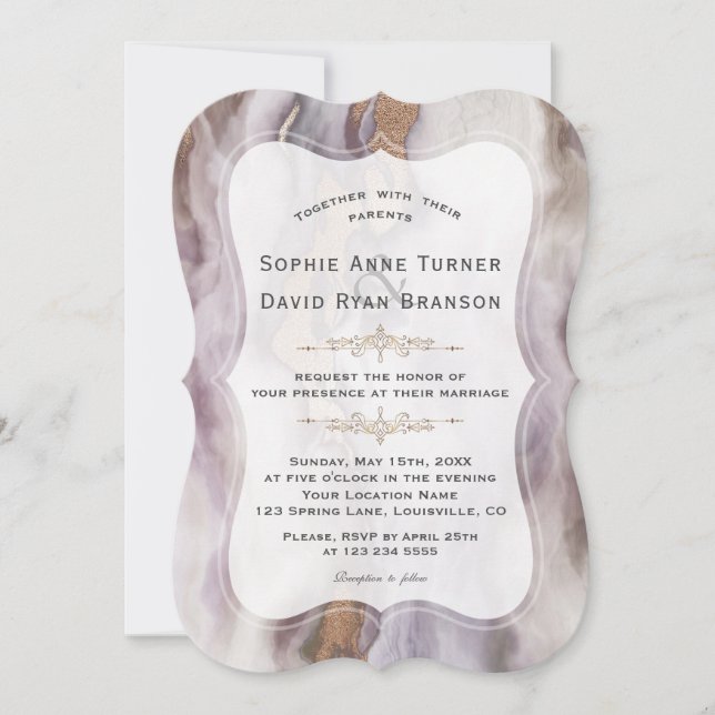 Invitación Boda de mármol púrpura de Aurum de lujo (Anverso)
