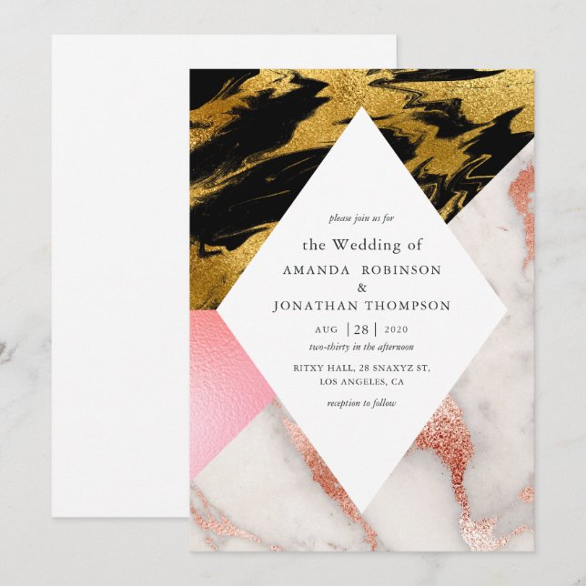 Invitación Boda de mármol Purpurina de Glam Geométrico Faux (Anverso / Reverso)