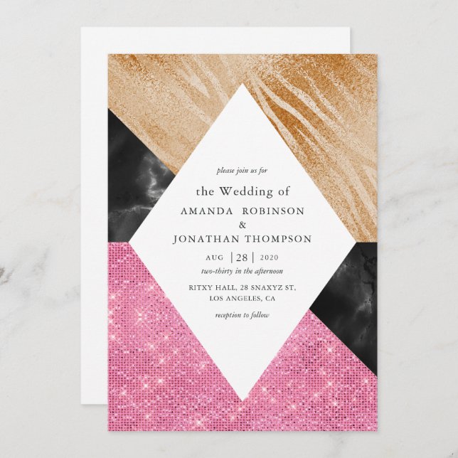 Invitación Boda de mármol Purpurina de Glam Geométrico Faux (Anverso / Reverso)
