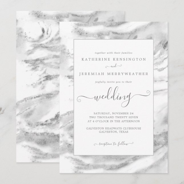 Invitación Boda de mármol Relieve metalizado plateado clásico (Anverso / Reverso)