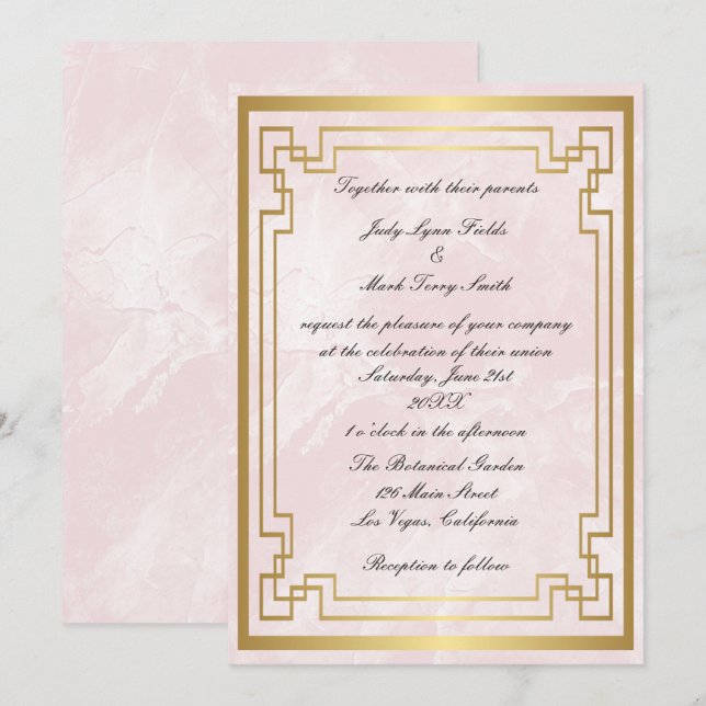 Invitación Boda de mármol rosa de marco geométrico dorado (Anverso / Reverso)