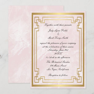 Invitación Boda de mármol rosa de marco geométrico dorado