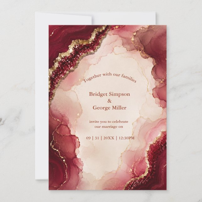 Invitación Boda de mármol Ruby Burgundy Agate Luxe (Anverso)