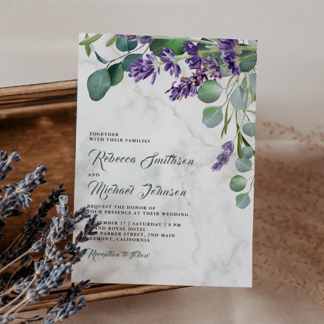 Invitación Boda de mármol rústico de lavanda y eucalipto (Subido por el creador)