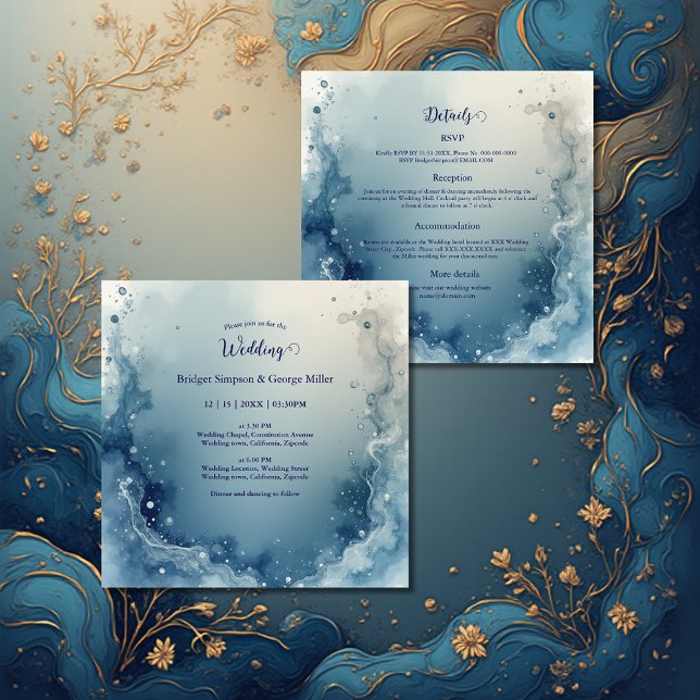 Invitación boda de mármol tinta costera soñadora azul blanco (Subido por el creador)