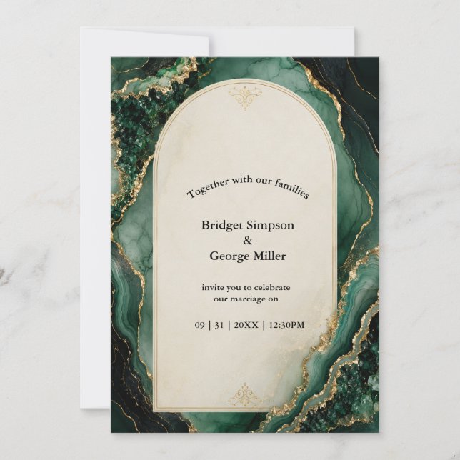 Invitación Boda de mármol verde esmeralda Gold Luxe (Anverso)