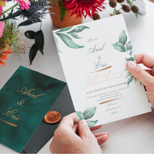 Invitación Boda de Mármol Verde Esmeralda y Eucalipto de Oro (Subido por el creador)