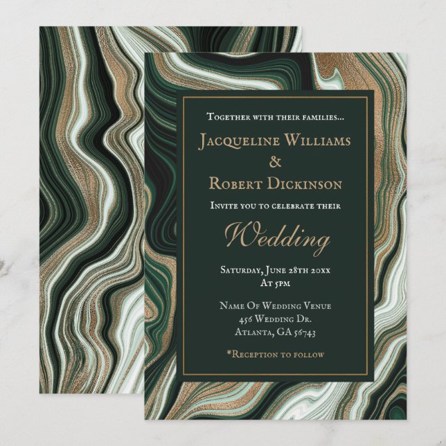 Invitación Boda de mármol verde y dorado elegante (Anverso / Reverso)