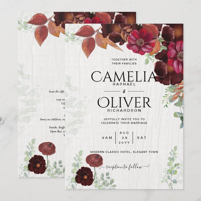 Invitación BODA de Maroon Borgoña de otoño rústico (Anverso / Reverso)