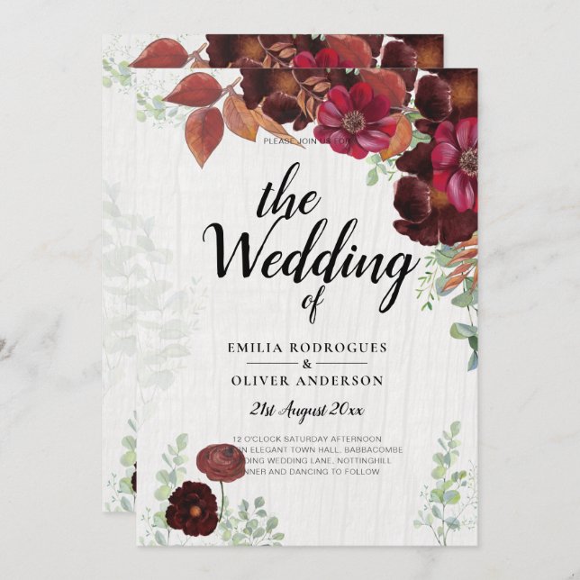 Invitación BODA de Maroon Borgoña de otoño rústico (Anverso / Reverso)