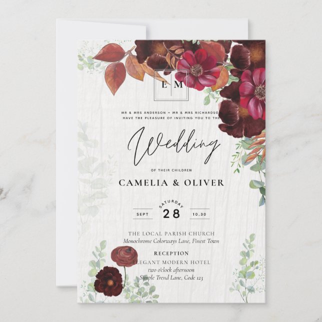 Invitación BODA de Maroon Borgoña de otoño rústico (Anverso)