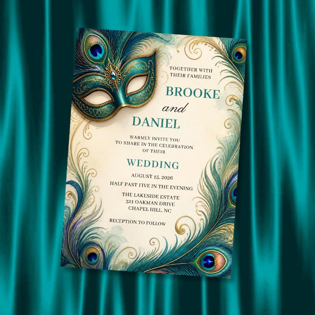 Invitación Boda de Máscara con Pluma de Pavo Real en Azul Tea (Subido por el creador)