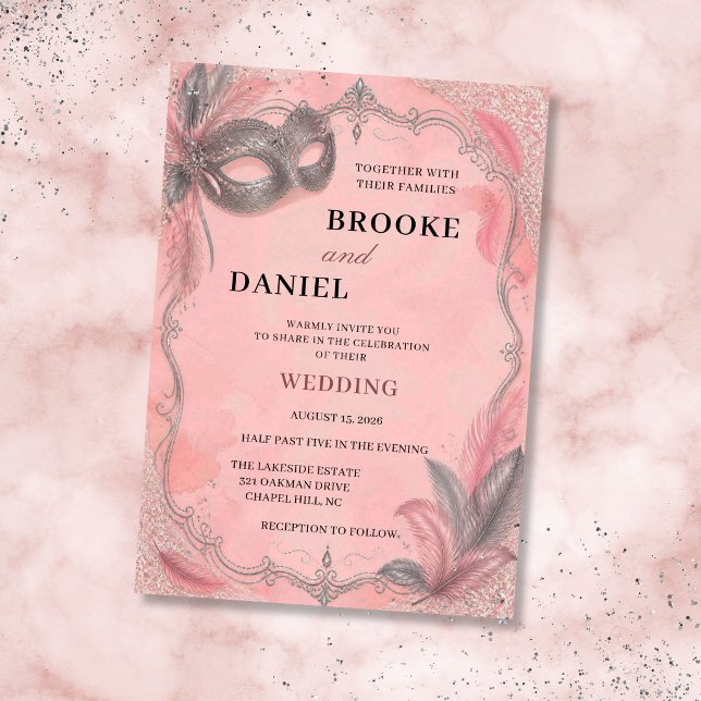 Invitación Boda de Máscara con Rosa Rubor y Plumas de Plata (Subido por el creador)