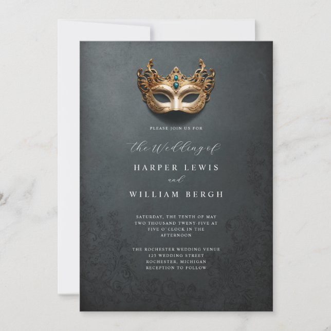 Invitación Boda de máscara de la mascarada dorada (Anverso)