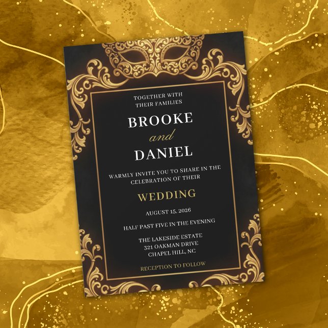 Invitación Boda de Máscara de Lujo Negro y Dorado (Subido por el creador)