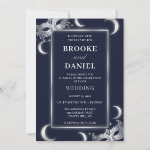 Invitación Boda de Máscara de Medianoche Azul Marino y Plata