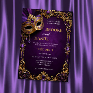 Invitación Boda de Máscara Real con Púrpura y Dorado