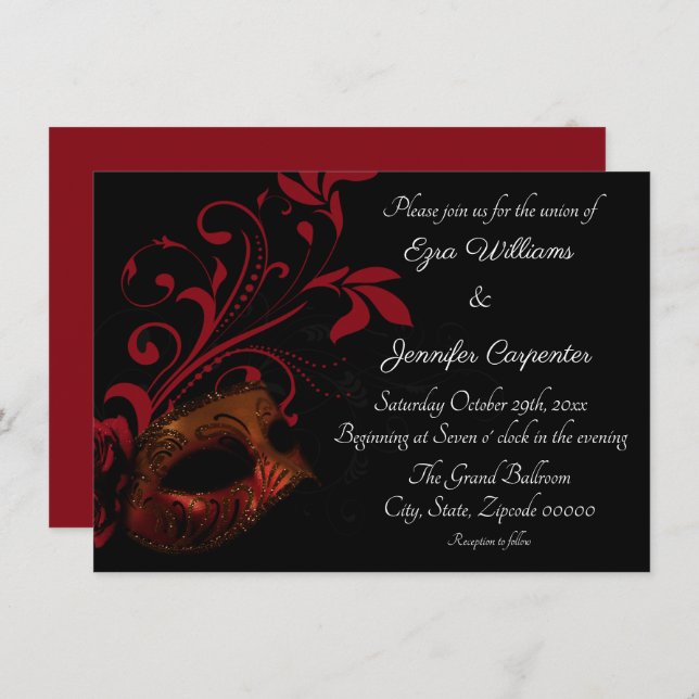 Invitación Boda de mascarada de flores rojas (Anverso / Reverso)