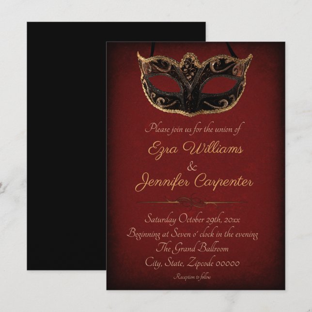 Invitación Boda de Mascaradas Rojas y Oro (Anverso / Reverso)