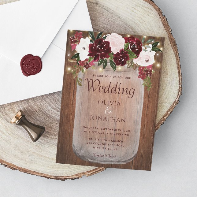 Invitación Boda de Mason Jar, floral de borgoña rusa (Subido por el creador)