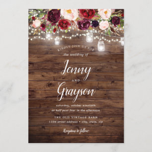 Invitación Boda de Mason Jar, floral ruidosa de Borgoña