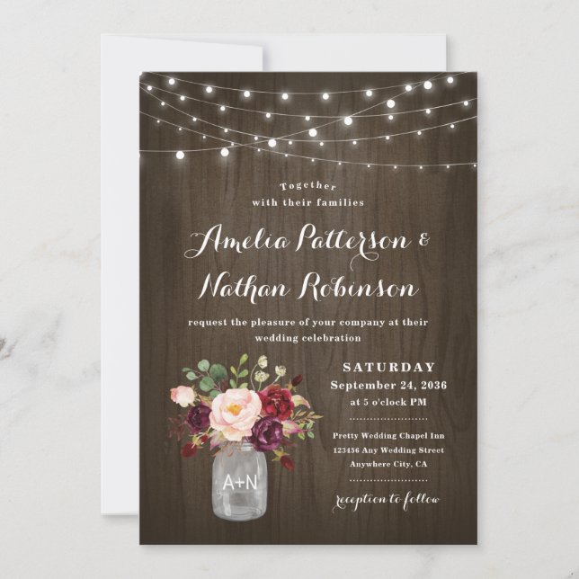 Invitación Boda de Mason Jar, floral rusa de Rubor en Borgoña (Anverso)