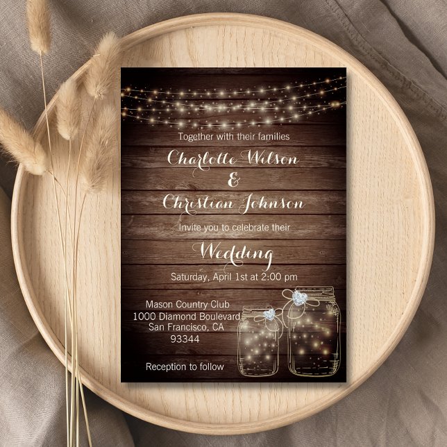Invitación Boda de Mason Jar Lights, un país de Madera Rusa (Subido por el creador)